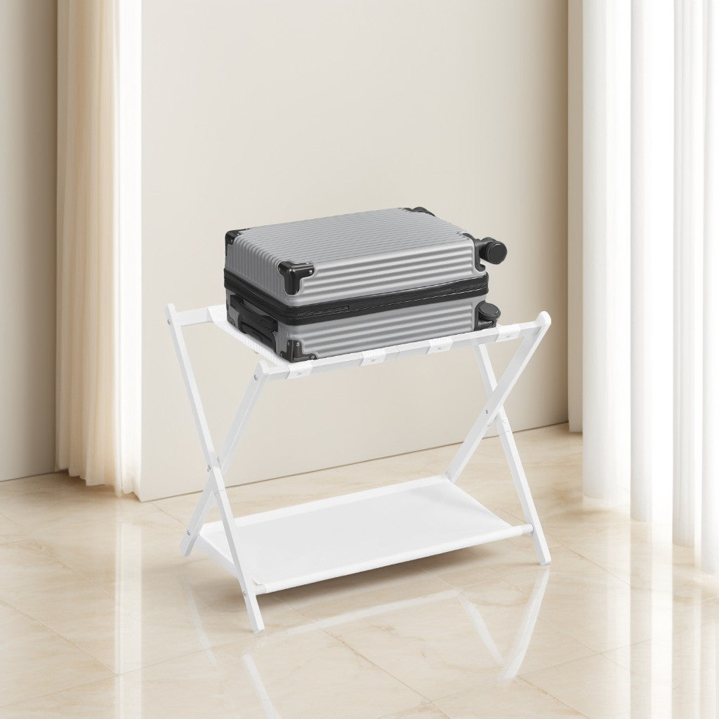 Foldable Luggage Rack with Storage Shelf, Suitcase Stand for Guest Room or Hotel, Steel Frame, Floor-Friendly, Cloud White