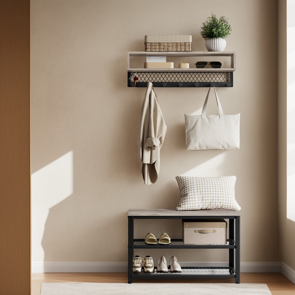 Coat Rack and Shoe Bench Set, 5-in-1 Hall Tree with Dot Coat Hooks, 2-Tier Shoe Storage, Entryway Bench Furniture, Heather Greige