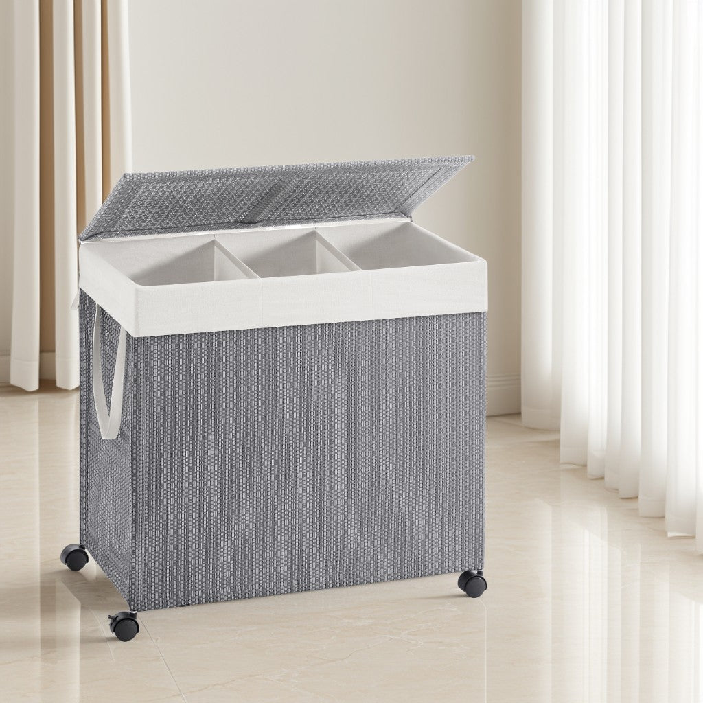 Laundry Hamper with 3 Sections, Large 140L Rolling Clothes Basket with Lid, Removable Liner, Wheels, Rattan-Style, Dove Gray and White