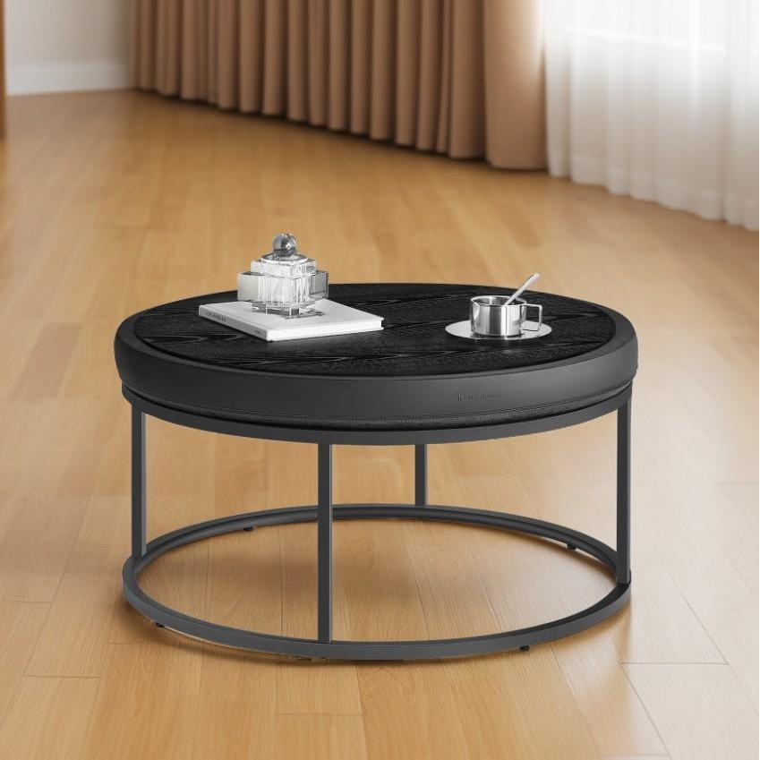 Round Ottoman Coffee Table with Reversible Top, Padded Seat, Steel Frame, Multi-Functional Footstool and Side Table, Ink Black
