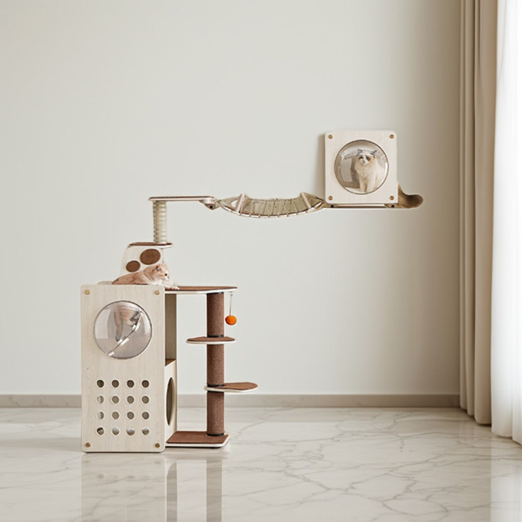 Wall-Mounted Cat Cave House with Hammock, Observation Window, Replaceable Cushion, Expandable Cat Wall Furniture, Quick Assembly