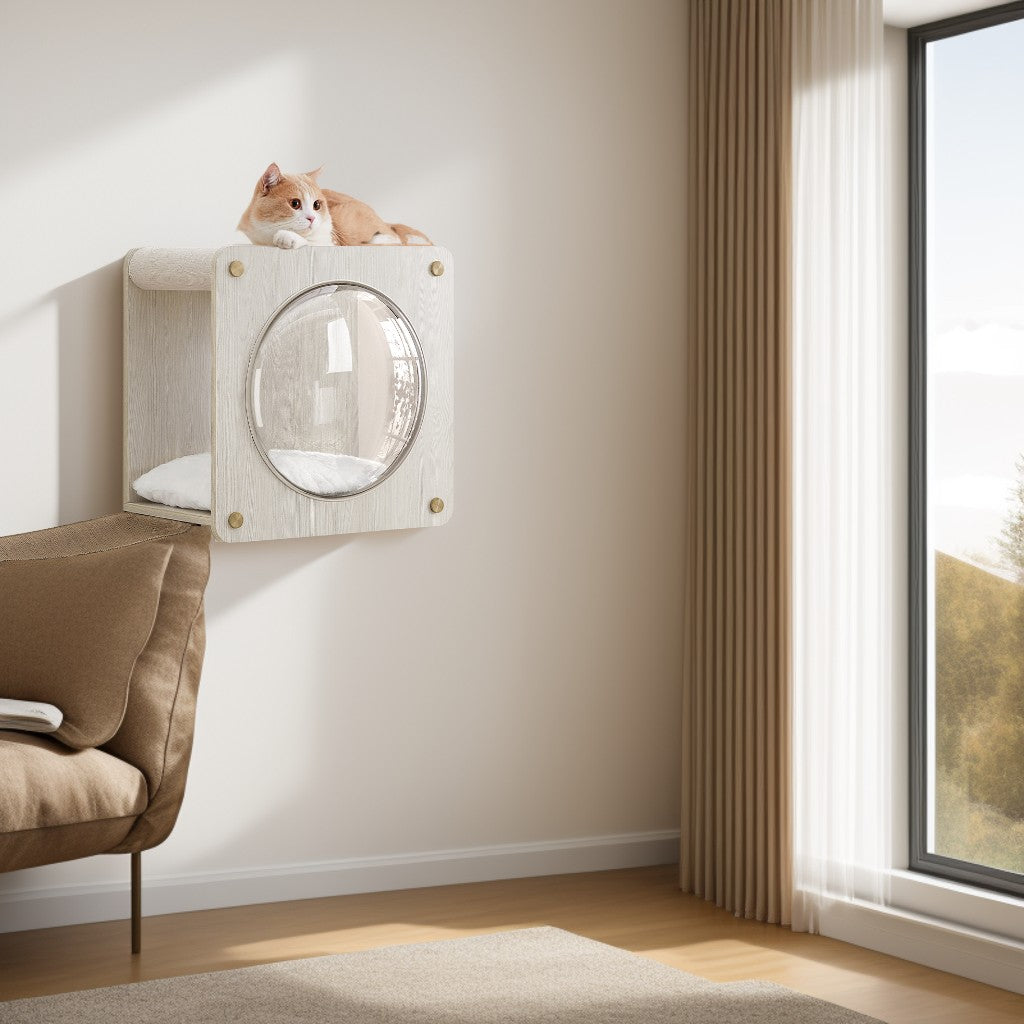 Wall-Mounted Cat Cave House with Hammock, Observation Window, Replaceable Cushion, Expandable Cat Wall Furniture, Quick Assembly