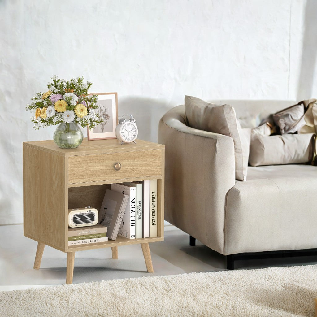 LEDREM Nightstand with Drawer and Open Compartment, Particleboard and Solid Wood Legs