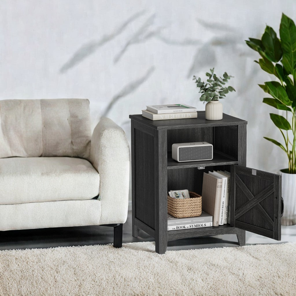 Farmhouse Nightstand with Sliding Barn Door, Bedside Table with Cabinet and Open Shelf, Freestanding Side End Table for Bedroom or Living Room, Charcoal Gray