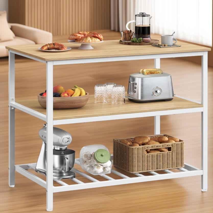 Kitchen Island with 3 Shelves, Large Worktop and Industrial Steel Frame, Multi-Purpose Kitchen Cart and Bar Table, Easy Assembly, Oak Color and White