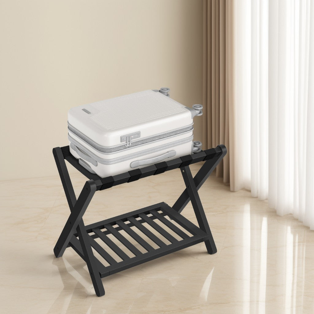 Solid Wood Luggage Rack with Foldable Design and Storage Shelf, No Assembly Required Suitcase Stand for Guest Room Hotel Bedroom, Ink Black