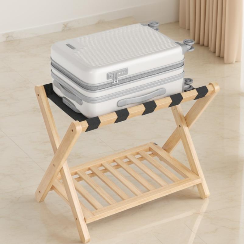 Solid Wood Luggage Rack with Foldable Design and Storage Shelf, No Assembly Required Suitcase Stand for Guest Room Hotel Bedroom, Natural Beige