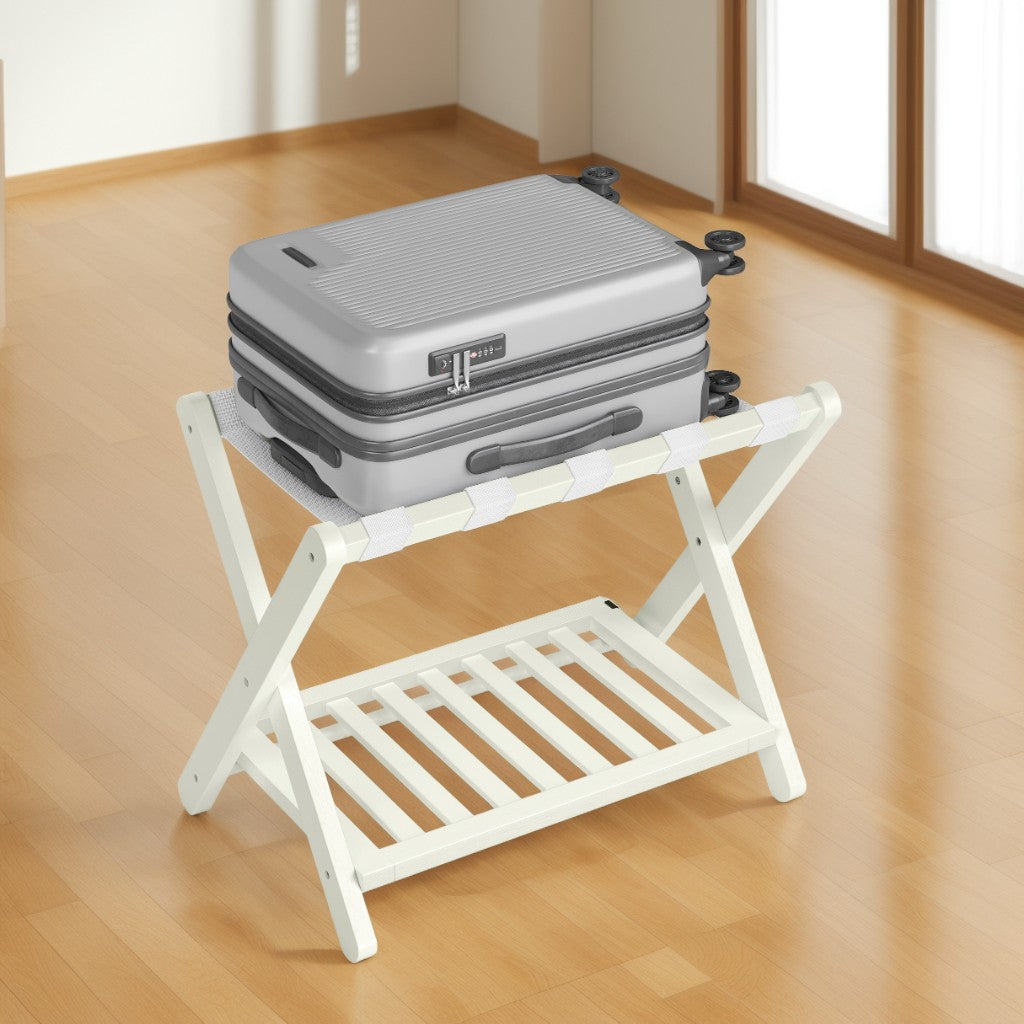 LEDREM Solid Wood Luggage Rack with Foldable Design and Storage Shelf, No Assembly Required Suitcase Stand for Guest Room Hotel Bedroom, Cream White