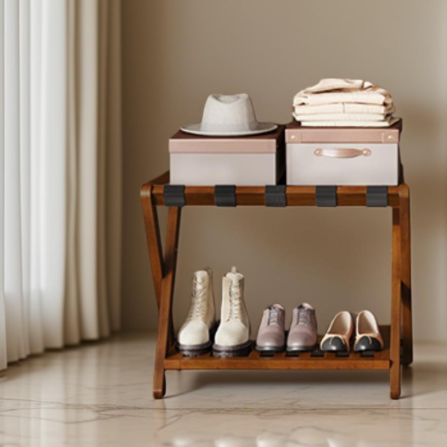 Set of 2 Solid Wood Luggage Racks with Foldable Design and Storage Shelf, No Assembly Required Suitcase Stand for Guest Room Hotel Bedroom, Coffee Brown