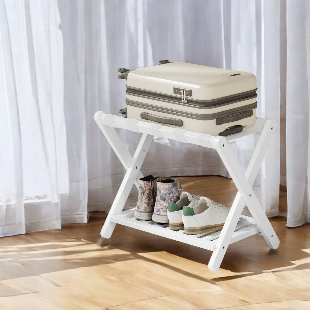 Set of 2 Solid Wood Luggage Racks with Foldable Design and Storage Shelf, No Assembly Required Suitcase Stand for Guest Room Hotel Bedroom, Cloud White