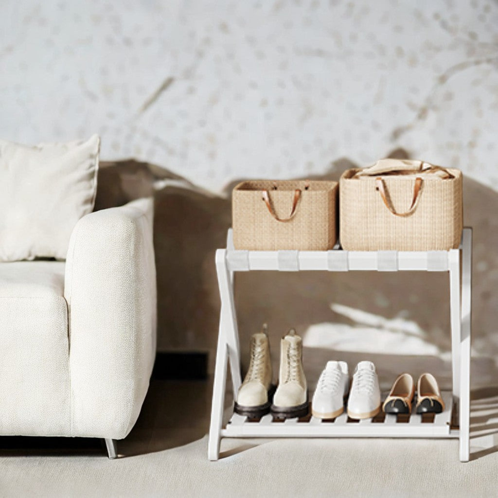 Set of 2 Solid Wood Luggage Racks with Foldable Design and Storage Shelf, No Assembly Required Suitcase Stand for Guest Room Hotel Bedroom, Cloud White