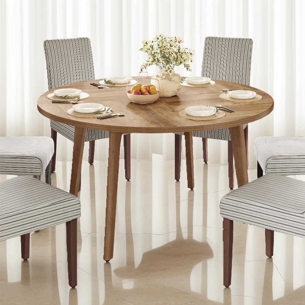 LEDREM Round Dining Table for 4–6 People, 47.2-Inch Kitchen Table with Tapered Solid Wood Legs, Mid-Century Modern Style, Heat-Resistant Top, Honey Brown