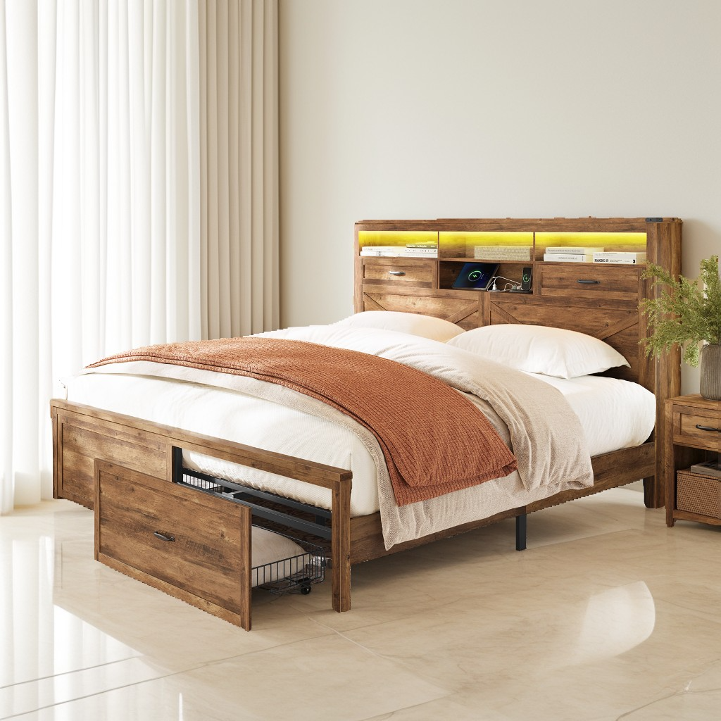 King Size Farmhouse Platform Bed Frame, 51.3-Inch Tall Storage Headboard with 4 Drawers, Built-In LED Lights & Charging Station, Honey Brown