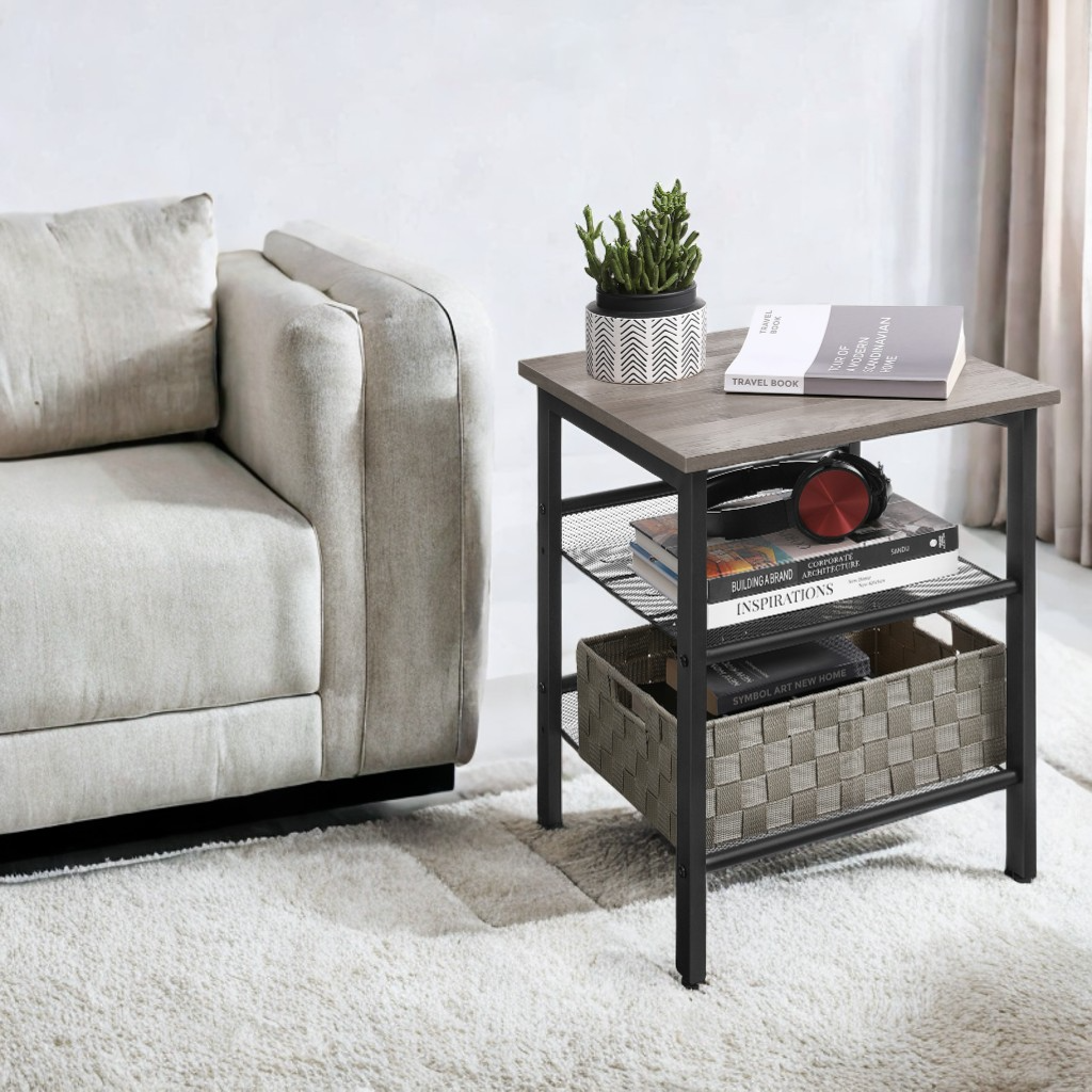 Nightstand Side Table with 2 Height‑Adjustable Mesh Shelves, Industrial Design with Sturdy Metal Frame, Easy to Put Together