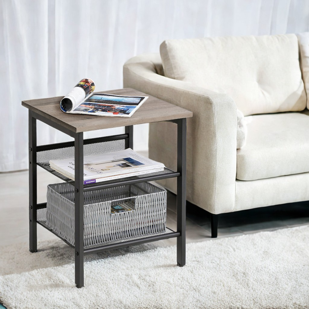 Nightstand Side Table with 2 Height‑Adjustable Mesh Shelves, Industrial Design with Sturdy Metal Frame, Easy to Put Together