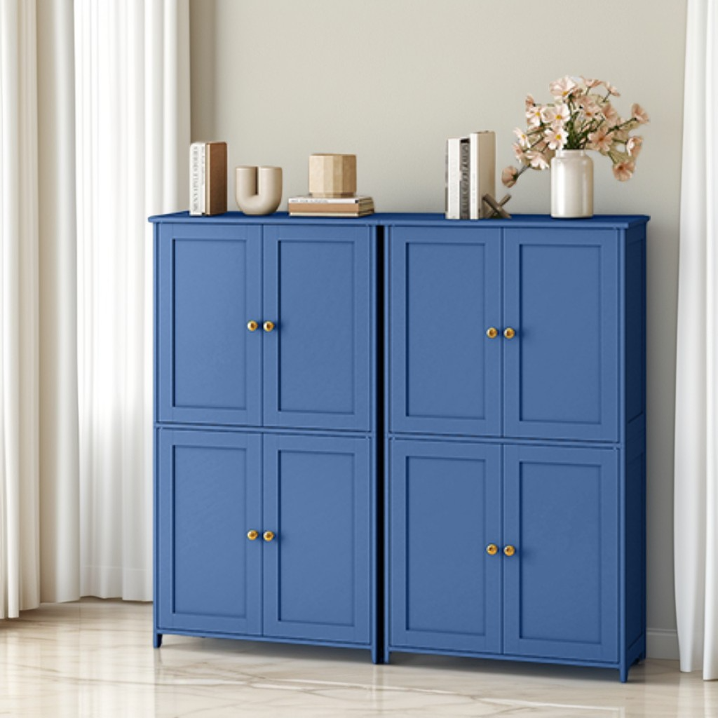 Bathroom Storage Floor Cabinet Organizer with Adjustable Shelf 4 Magnetic Doors 43" Wooden Pantry Cabinet Freestanding for Living Kitchen Room Small Spaces,Blue