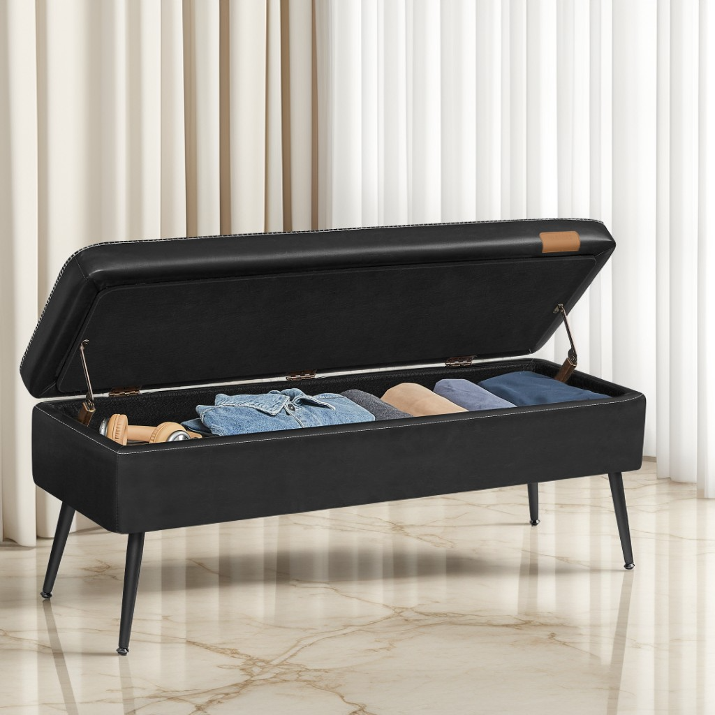 Storage Ottoman Bench, 15 Gal Entryway Bedroom Bench with Safety Hinges, Synthetic Leather Upholstery, 660 lb Capacity, Ink Black