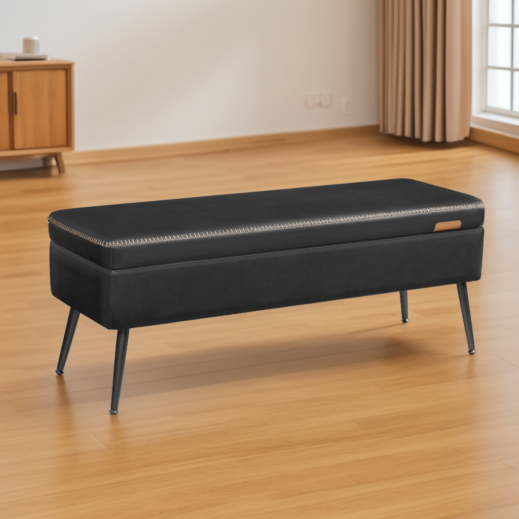 Storage Ottoman Bench, 15 Gal Entryway Bedroom Bench with Safety Hinges, Synthetic Leather Upholstery, 660 lb Capacity, Ink Black