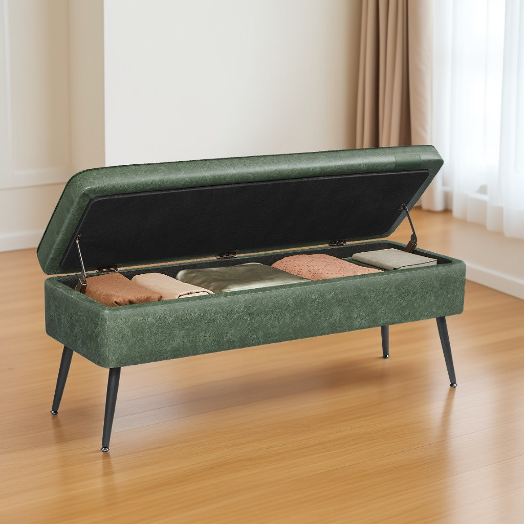 Storage Ottoman Bench, 15 Gal Entryway Bedroom Bench with Safety Hinges, Synthetic Leather Upholstery, 660 lb Capacity, Forest Green