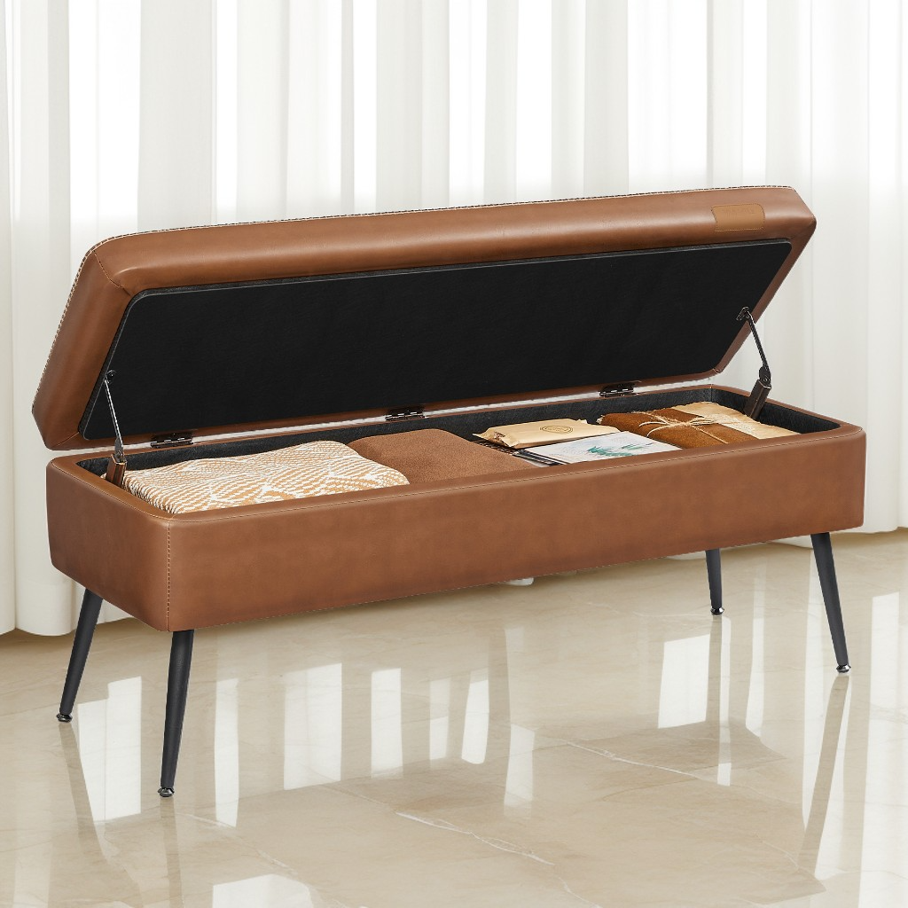 Storage Ottoman Bench, 15 Gal Entryway Bedroom Bench with Safety Hinges, Synthetic Leather Upholstery, 660 lb Capacity, Caramel Brown