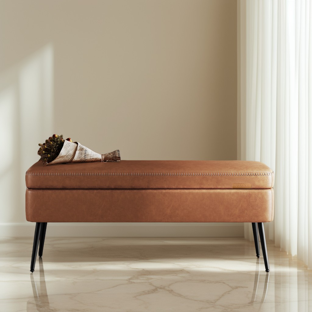 Storage Ottoman Bench, 15 Gal Entryway Bedroom Bench with Safety Hinges, Synthetic Leather Upholstery, 660 lb Capacity, Caramel Brown
