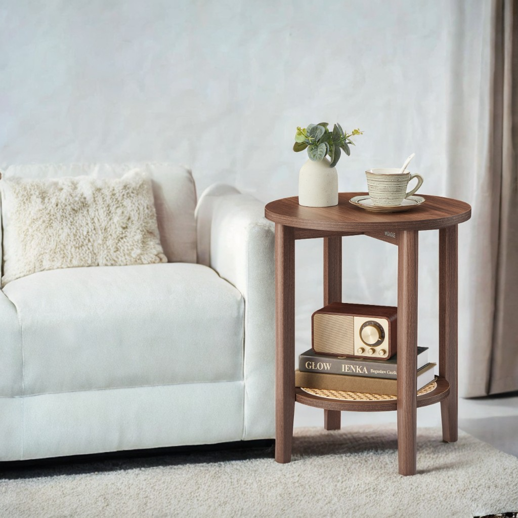 2-Tier Round End Table with Rattan Shelf, Boho Nightstand for Small Spaces, Living Room, Bedroom and Home Office, Black Walnut