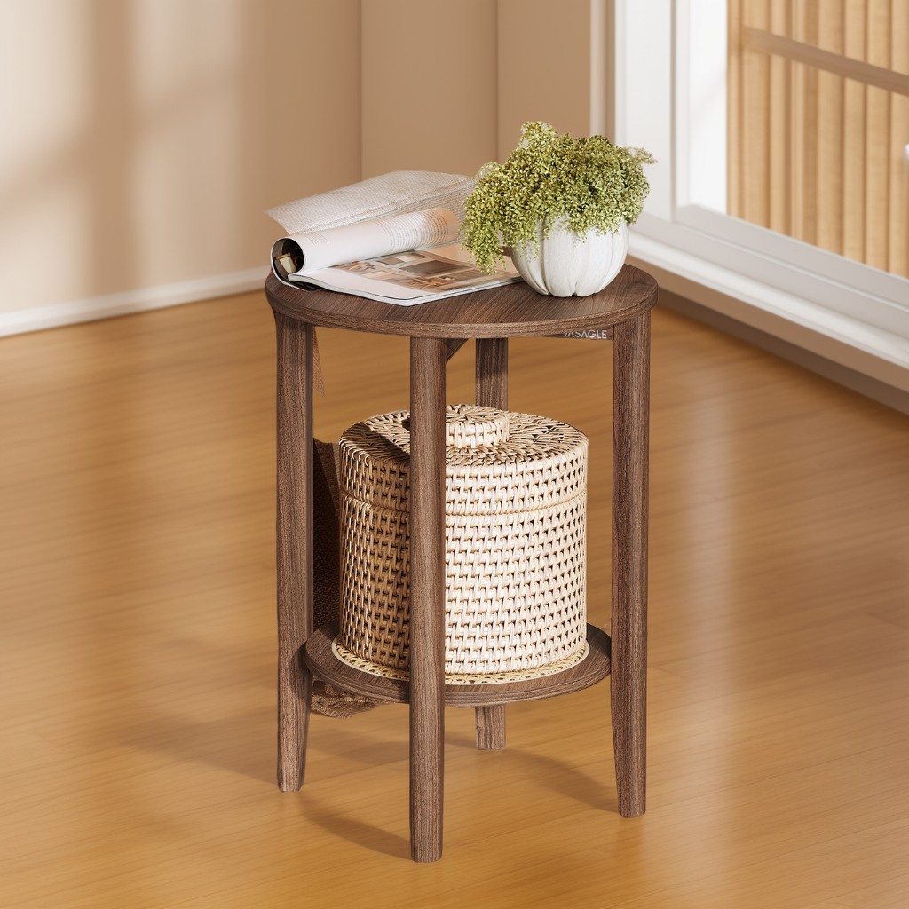 2-Tier Round End Table with Rattan Shelf, Boho Nightstand for Small Spaces, Living Room, Bedroom and Home Office, Black Walnut