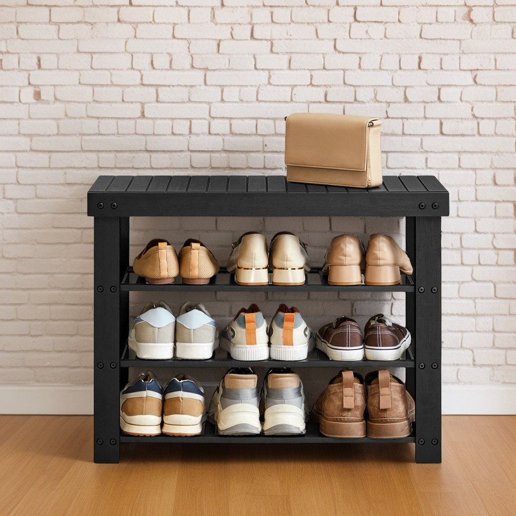 3-Tier Bamboo Shoe Storage Bench, Entryway Organizer with Seating, for Living Room, Bathroom, Bedroom, 27.6" W, Ink Black
