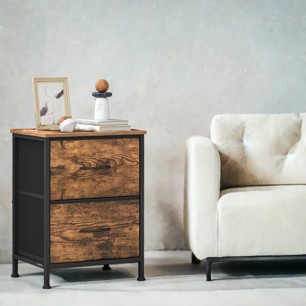 2-Drawer Storage Dresser with Steel Frame, Multi-Use Chest of Drawers for Bedroom, Closet and Entryway, Rustic Brown and Ink Black
