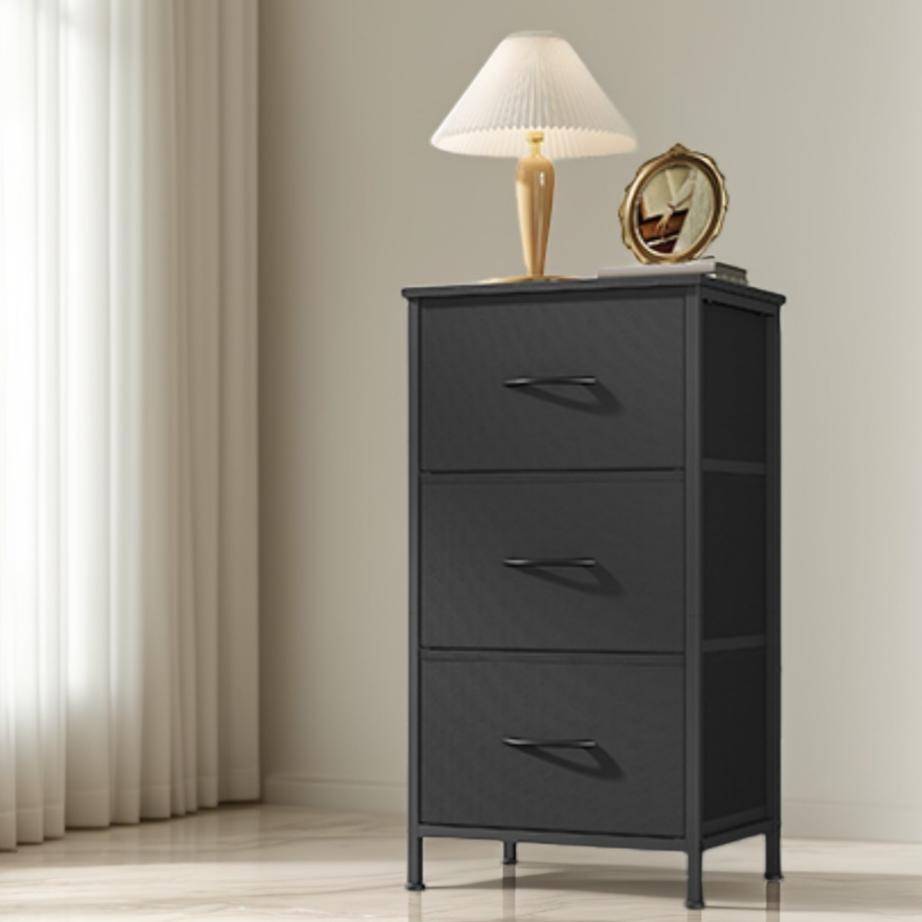 3-Drawer Storage Dresser with Steel Frame, Fabric Drawer Organizer for Bedroom, Closet and Entryway, Ink Black and Ebony Black