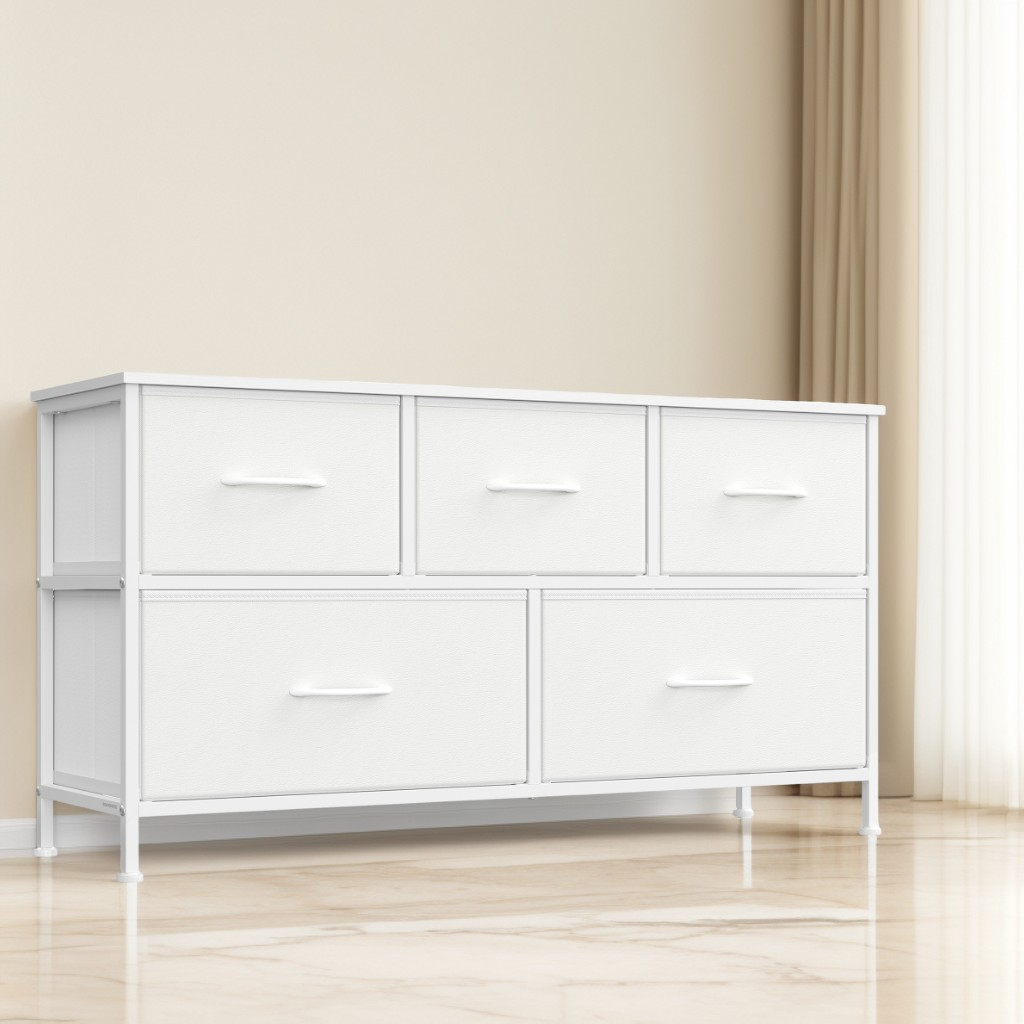 5-Drawer Storage Dresser with Steel Frame, Fabric Drawer Organizer for Bedroom, Closet, and TV Stand Use, Cloud White and Snow White