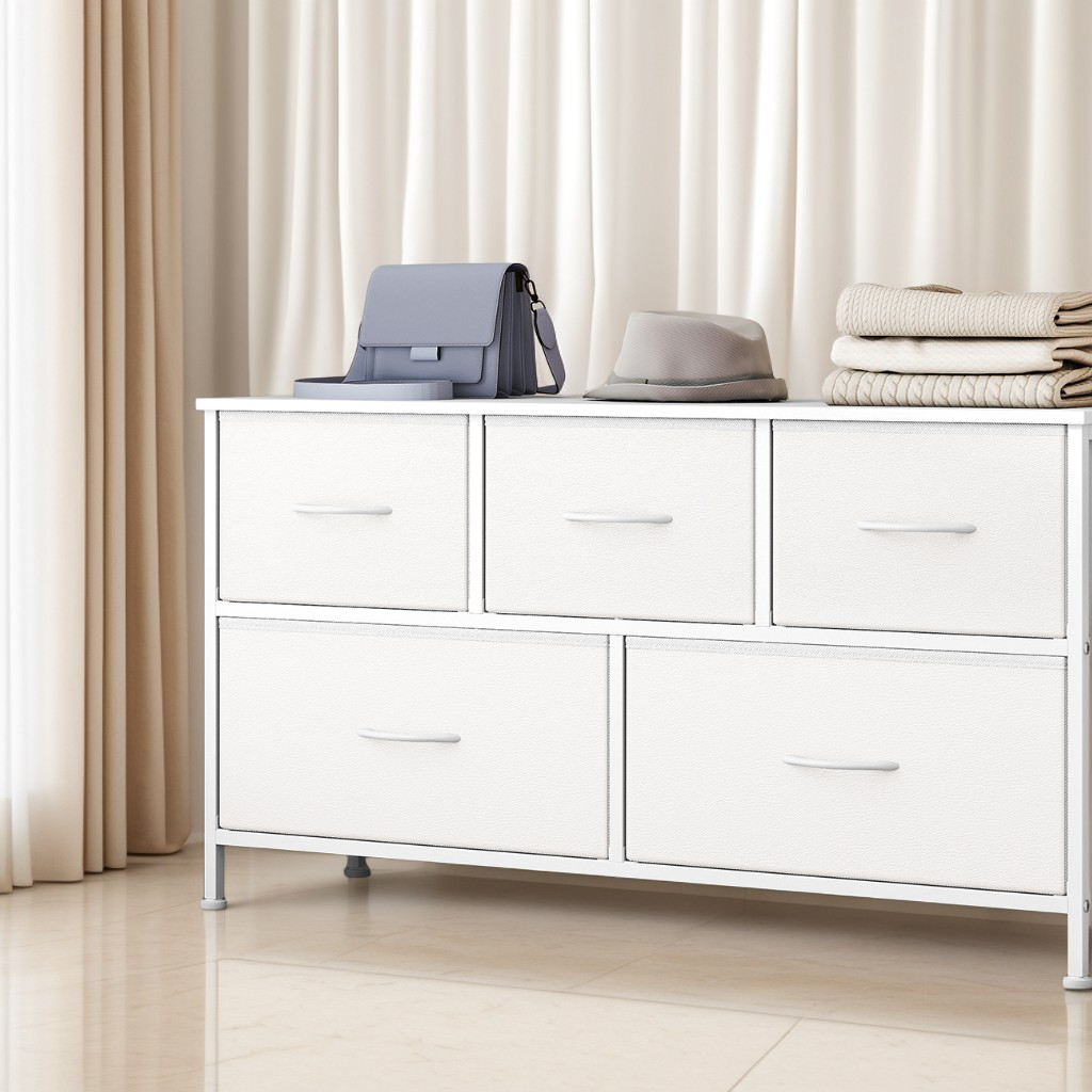 5-Drawer Storage Dresser with Steel Frame, Fabric Drawer Organizer for Bedroom, Closet, and TV Stand Use, Cloud White and Snow White