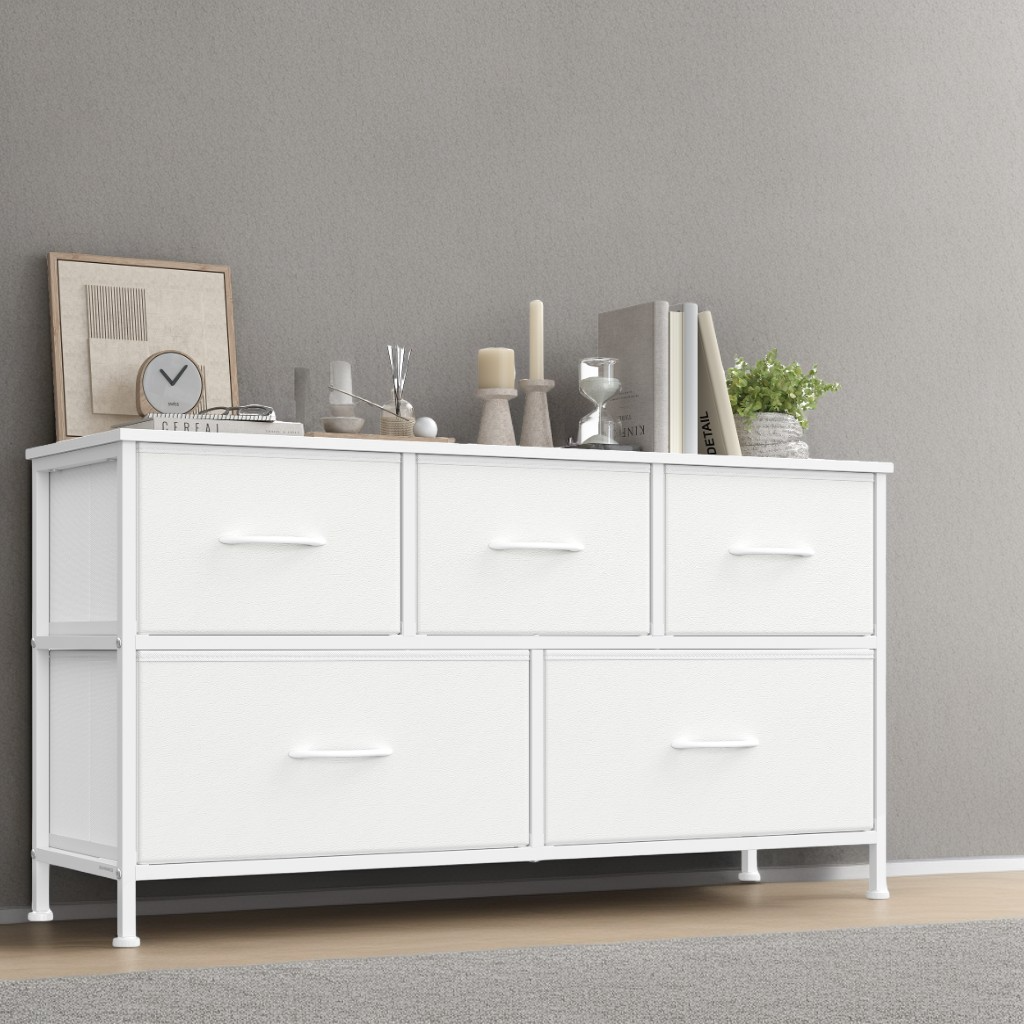 5-Drawer Storage Dresser with Steel Frame, Fabric Drawer Organizer for Bedroom, Closet, and TV Stand Use, Cloud White and Snow White