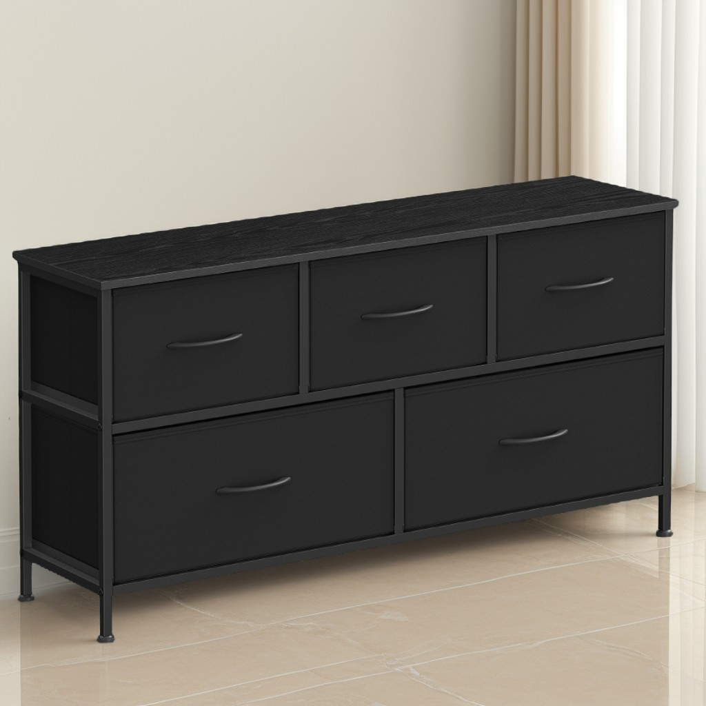 5-Drawer Storage Dresser with Steel Frame, Fabric Drawer Organizer for Bedroom, Closet and TV Stand Use, Ink Black and Ebony Black