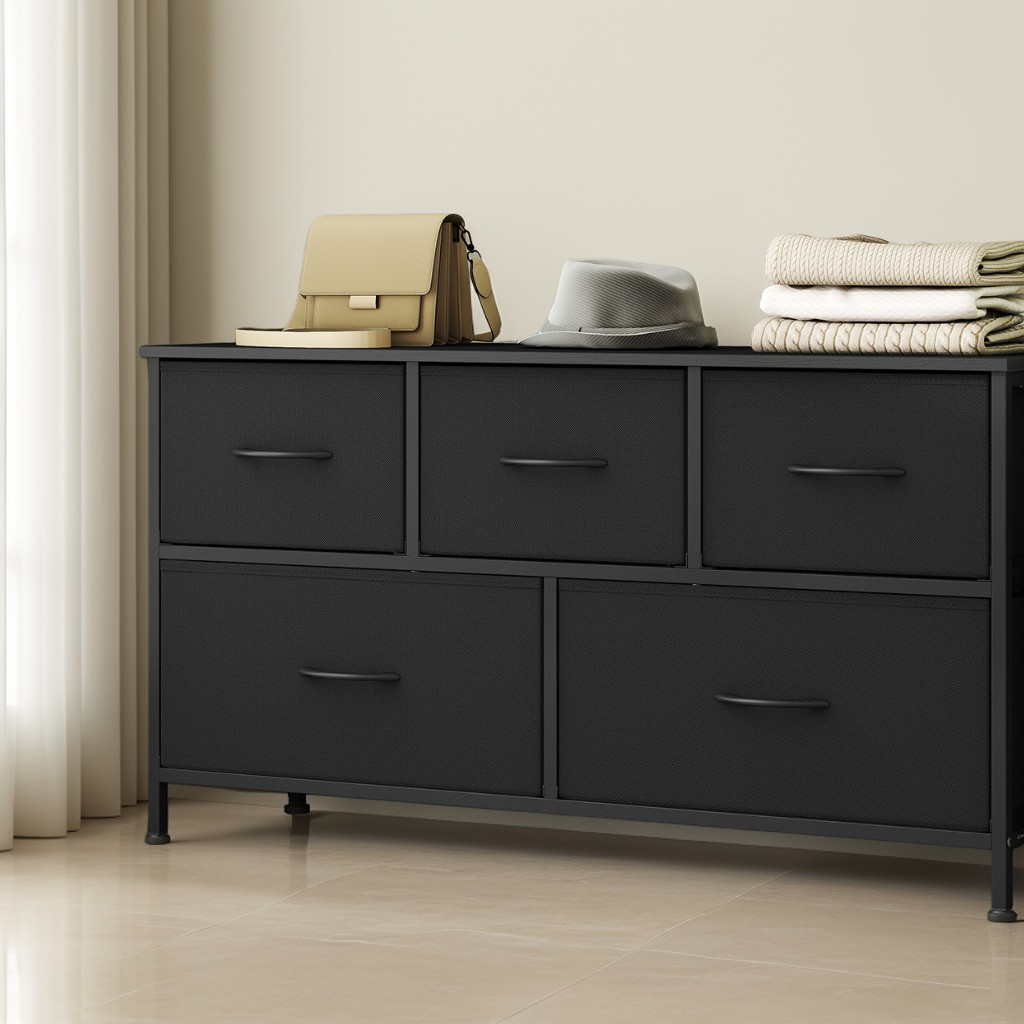 5-Drawer Storage Dresser with Steel Frame, Fabric Drawer Organizer for Bedroom, Closet and TV Stand Use, Ink Black and Ebony Black