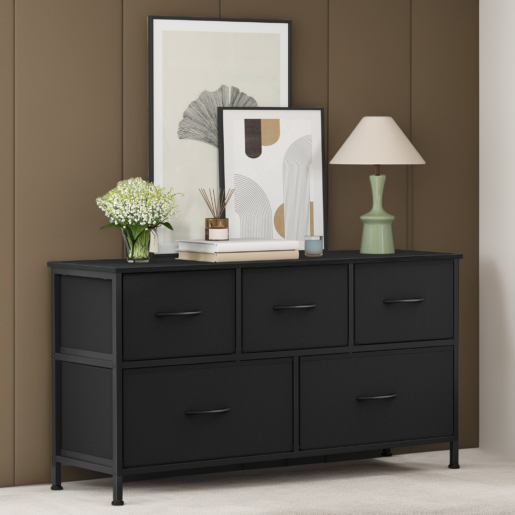 5-Drawer Storage Dresser with Steel Frame, Fabric Drawer Organizer for Bedroom, Closet and TV Stand Use, Ink Black and Ebony Black