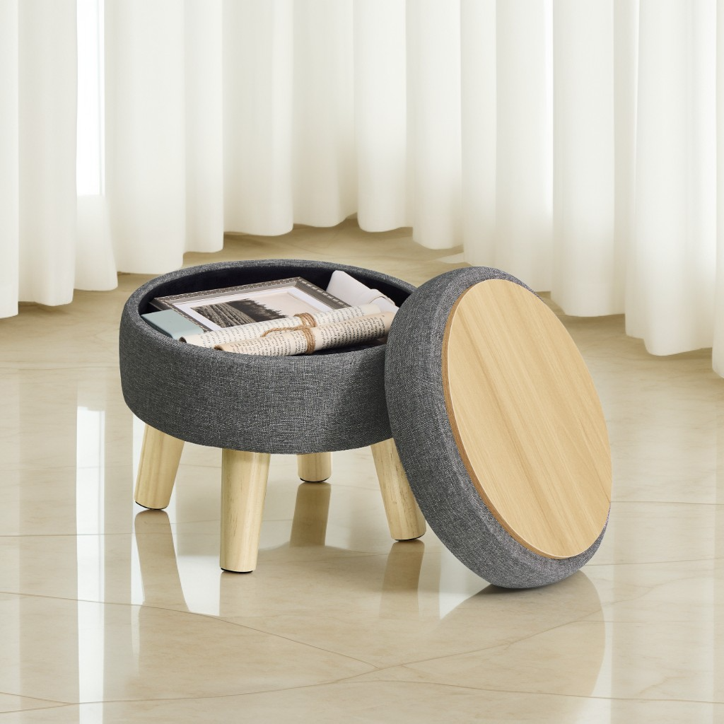 Round Storage Ottoman with Linen-Look Fabric, 12.2-Inch Foot Stool and Small Table for Living Room and Hallway, Slate Gray