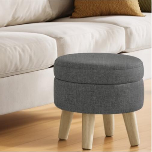 Round Storage Ottoman with Linen-Look Fabric, 12.2-Inch Foot Stool and Small Table for Living Room and Hallway, Slate Gray