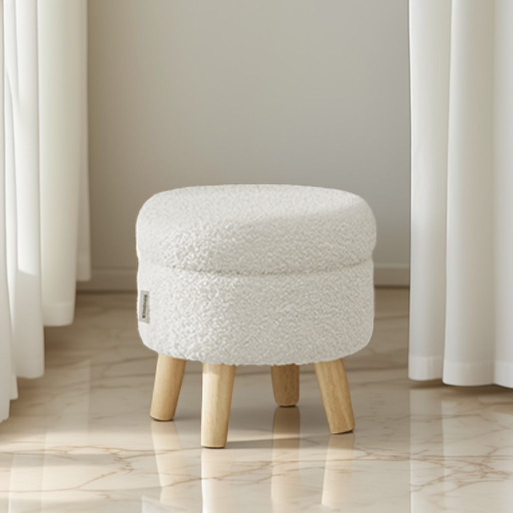 Round Storage Ottoman with Teddy Fleece Seat, 31 cm Foot Stool and Small Table for Living Room and Hallway, White