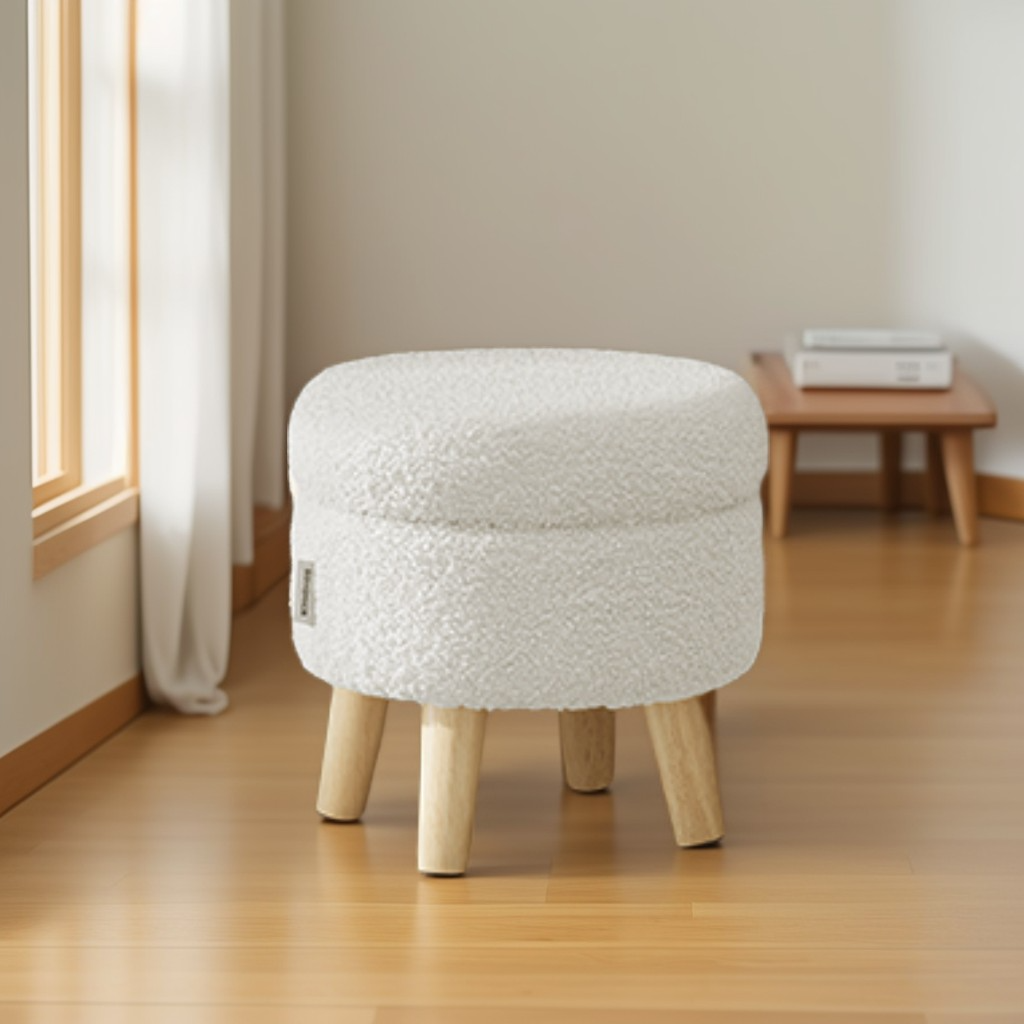 Round Storage Ottoman with Teddy Fleece Seat, 31 cm Foot Stool and Small Table for Living Room and Hallway, White