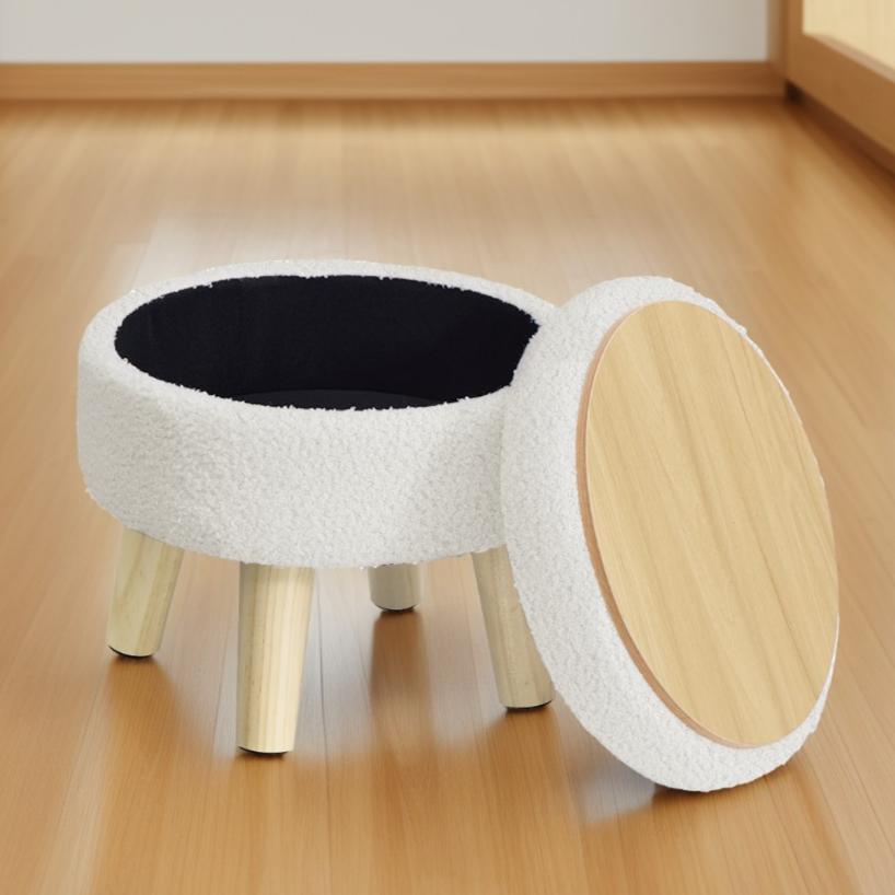 Round Storage Ottoman with Teddy Fleece Seat, 31 cm Foot Stool and Small Table for Living Room and Hallway, White