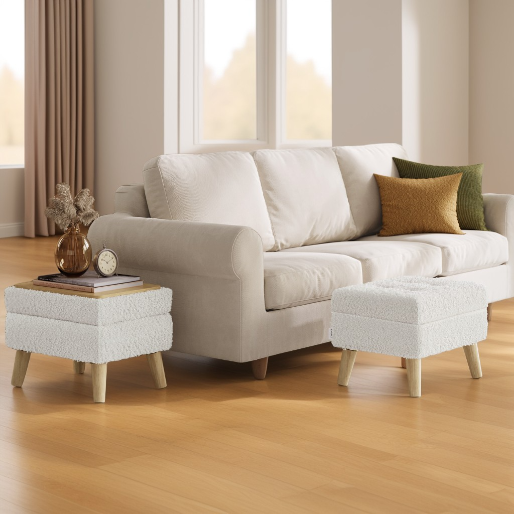 Rectangular Storage Ottoman with Teddy Fleece, 11.8 x 15.7 Inch Foot Stool and Small Table for Living Room and Hallway, Cream White