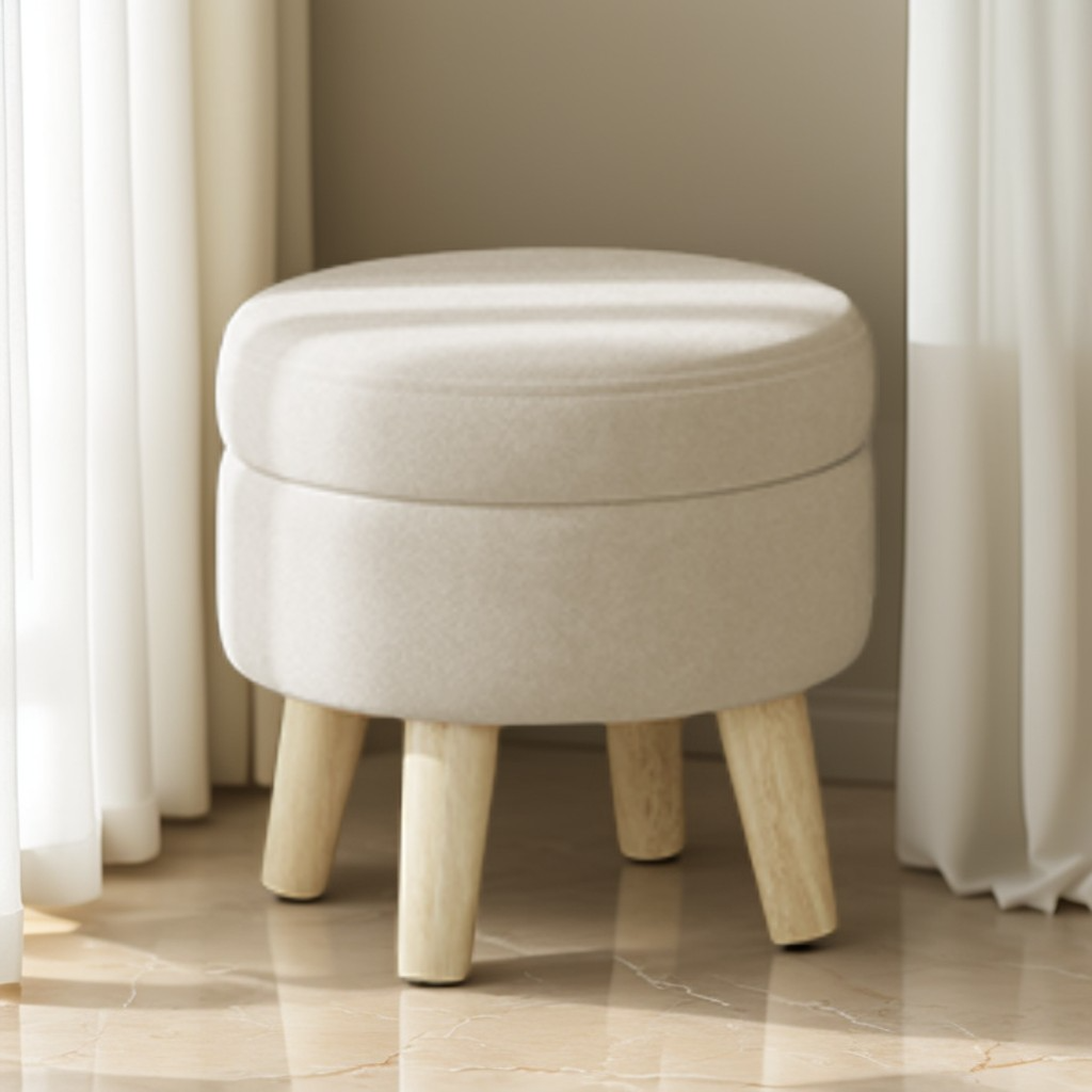 Round Storage Ottoman with Velvet Padded Seat, 12.2-Inch Foot Stool and Small Table for Living Room and Hallway, Cream White