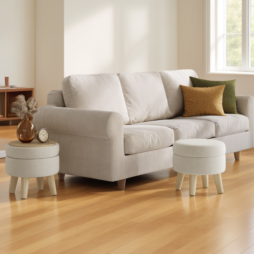 Round Storage Ottoman with Velvet Padded Seat, 12.2-Inch Foot Stool and Small Table for Living Room and Hallway, Cream White