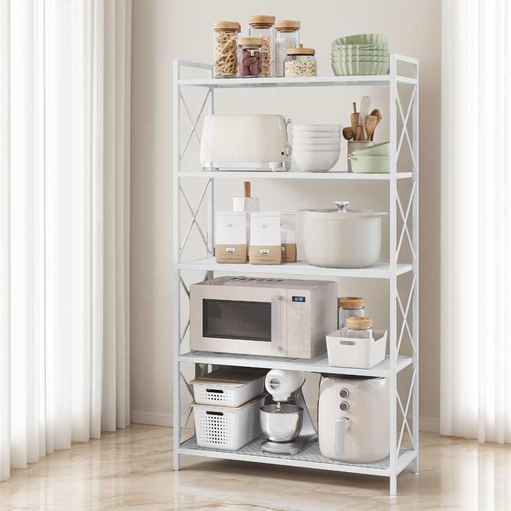 5-Tier Metal Storage Rack with Dense Mesh Shelves, X Side Frame Shelving Unit for Entryway, Kitchen and Bathroom, Cloud White