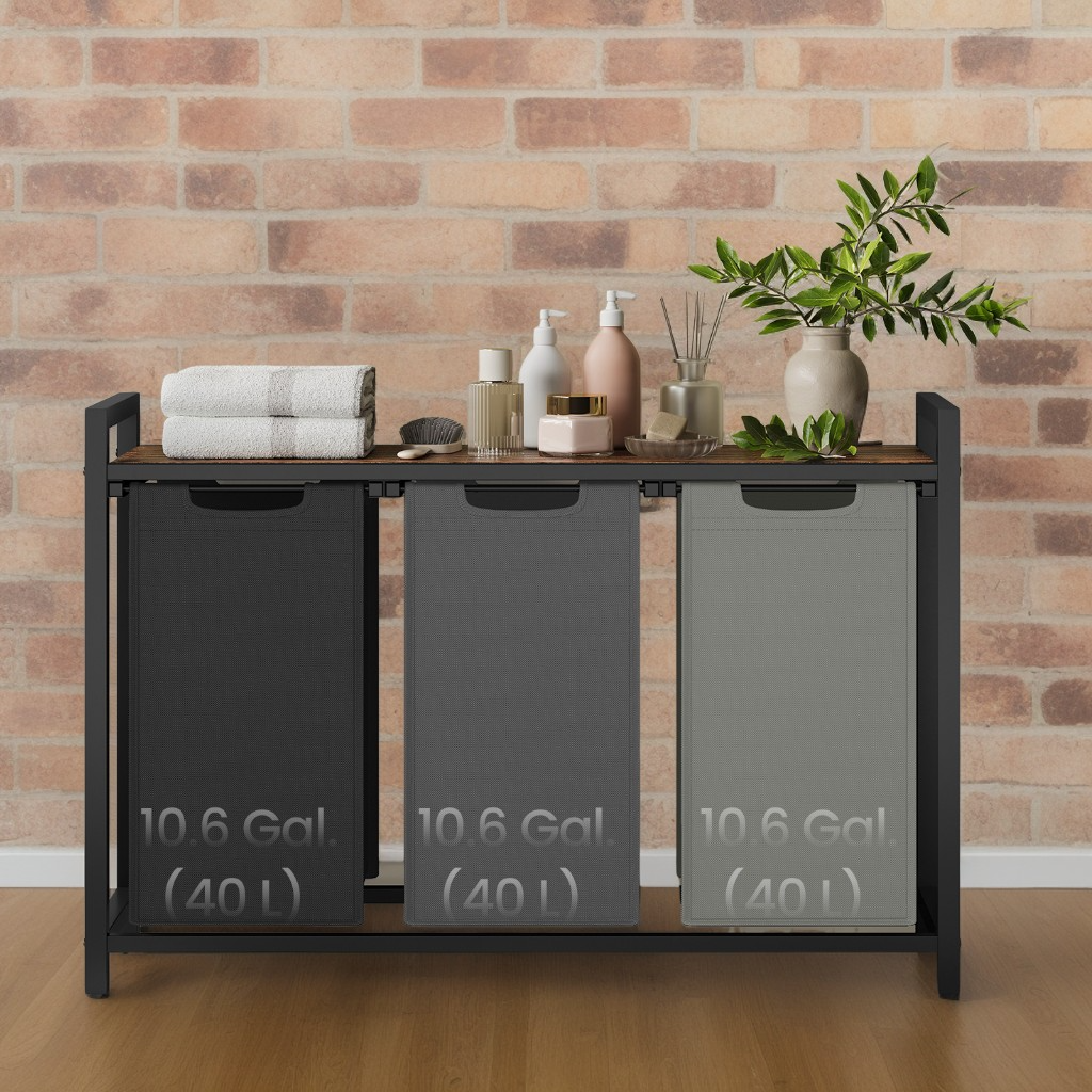 3-Bag Laundry Sorter Hamper with Pull-Out Bags and Shelf, 3 x 10.6 Gallon Laundry Basket on Metal Frame, Tricolor and Rustic Brown