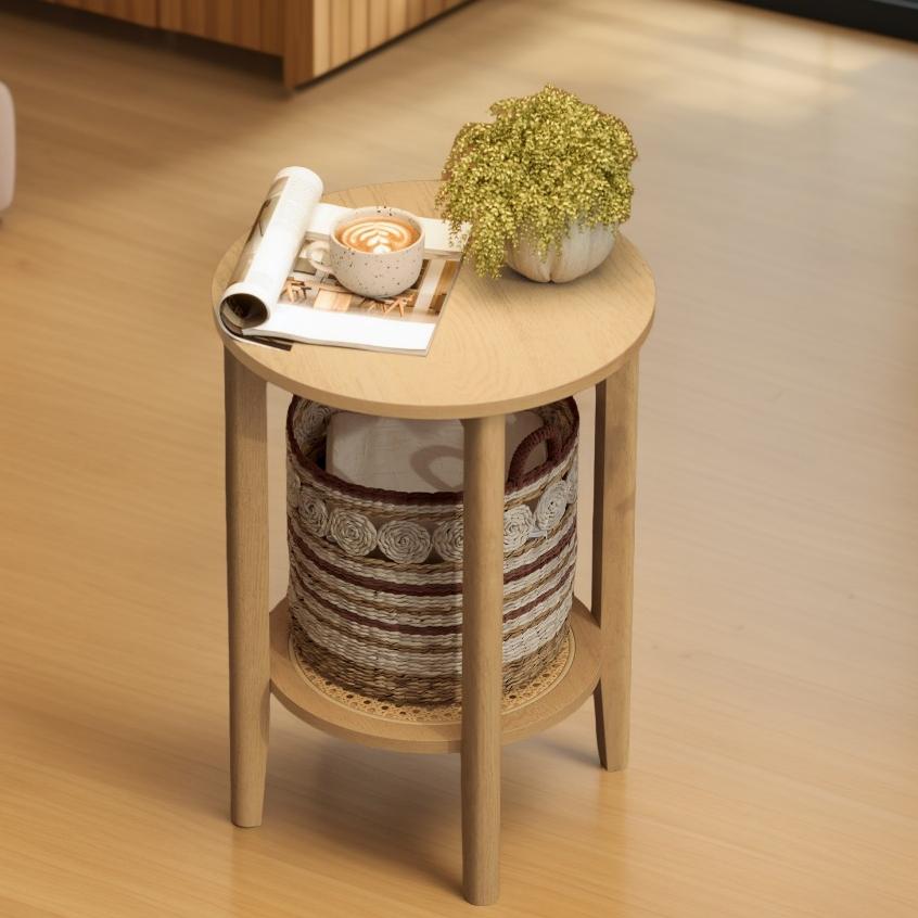 2-Tier Round Side Table with Rattan-Look Shelf, Boho Nightstand for Small Spaces, Living Room and Bedroom, Oak Beige