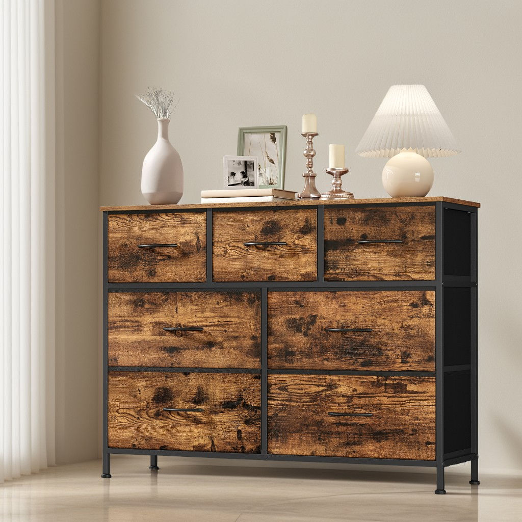 7-Drawer Storage Dresser with Steel Frame, Fabric Drawer Organizer for Bedroom, Closet and TV Stand Use, Rustic Brown and Ink Black