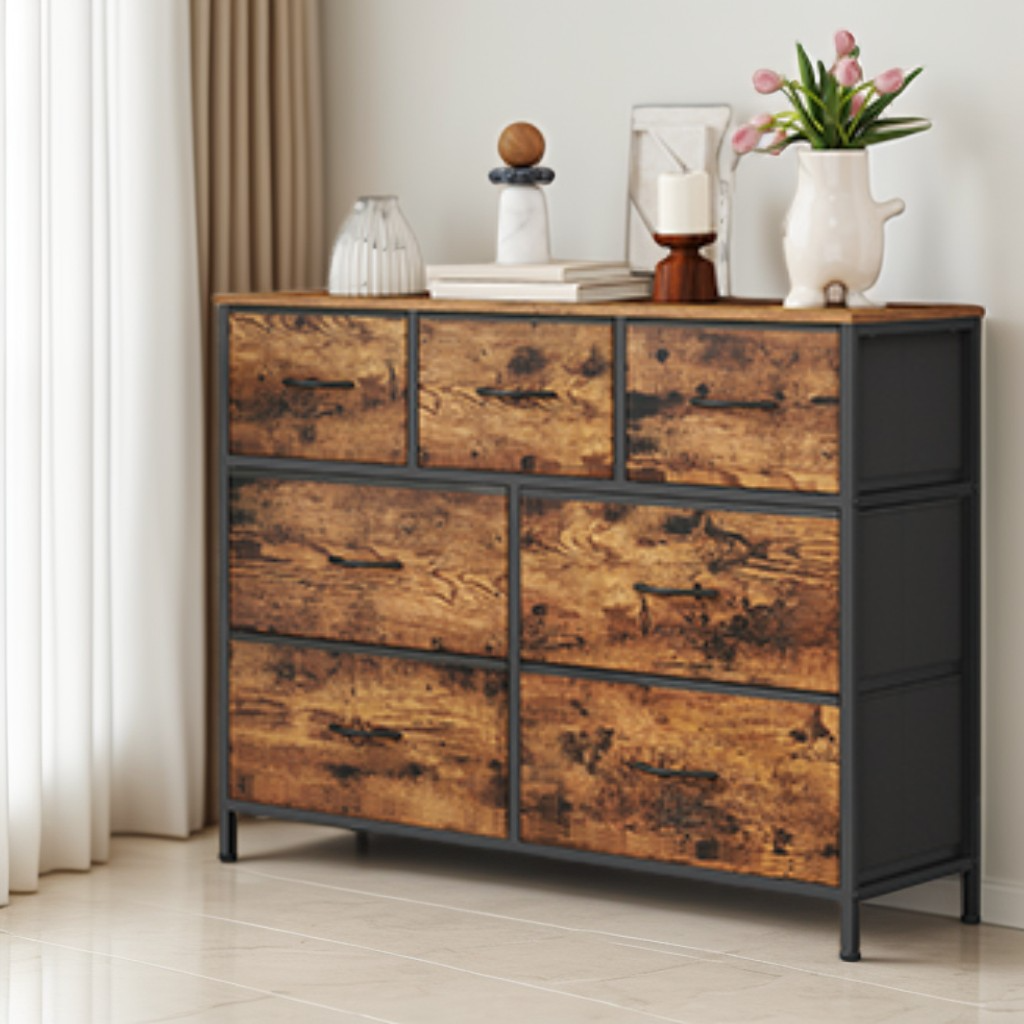 7-Drawer Storage Dresser with Steel Frame, Fabric Drawer Organizer for Bedroom, Closet and TV Stand Use, Rustic Brown and Ink Black