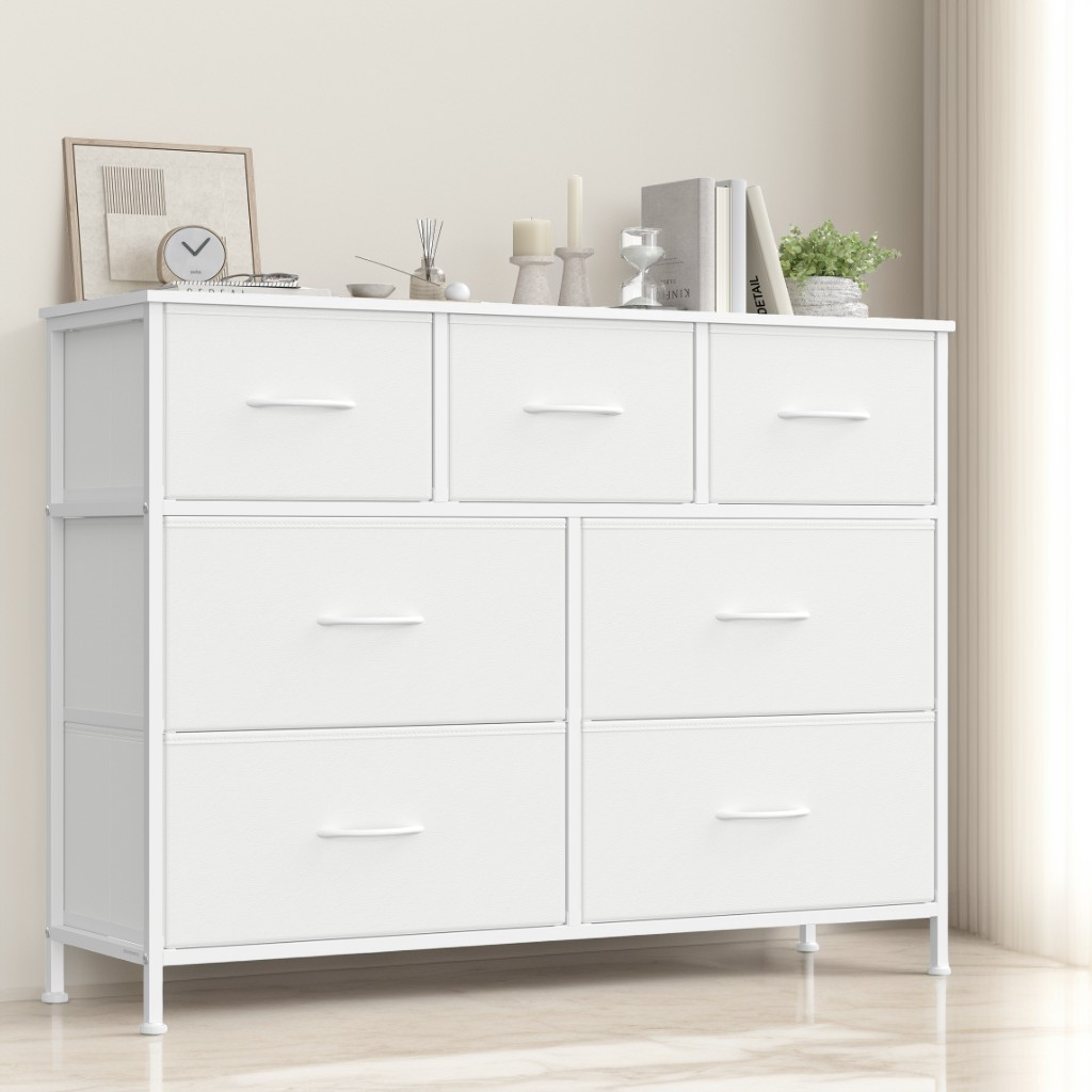 Modern 2-Drawer Storage Dresser, Steel Frame Fabric Chest of Drawers for Bedroom, Closet or Entryway, Cloud White and Snow White